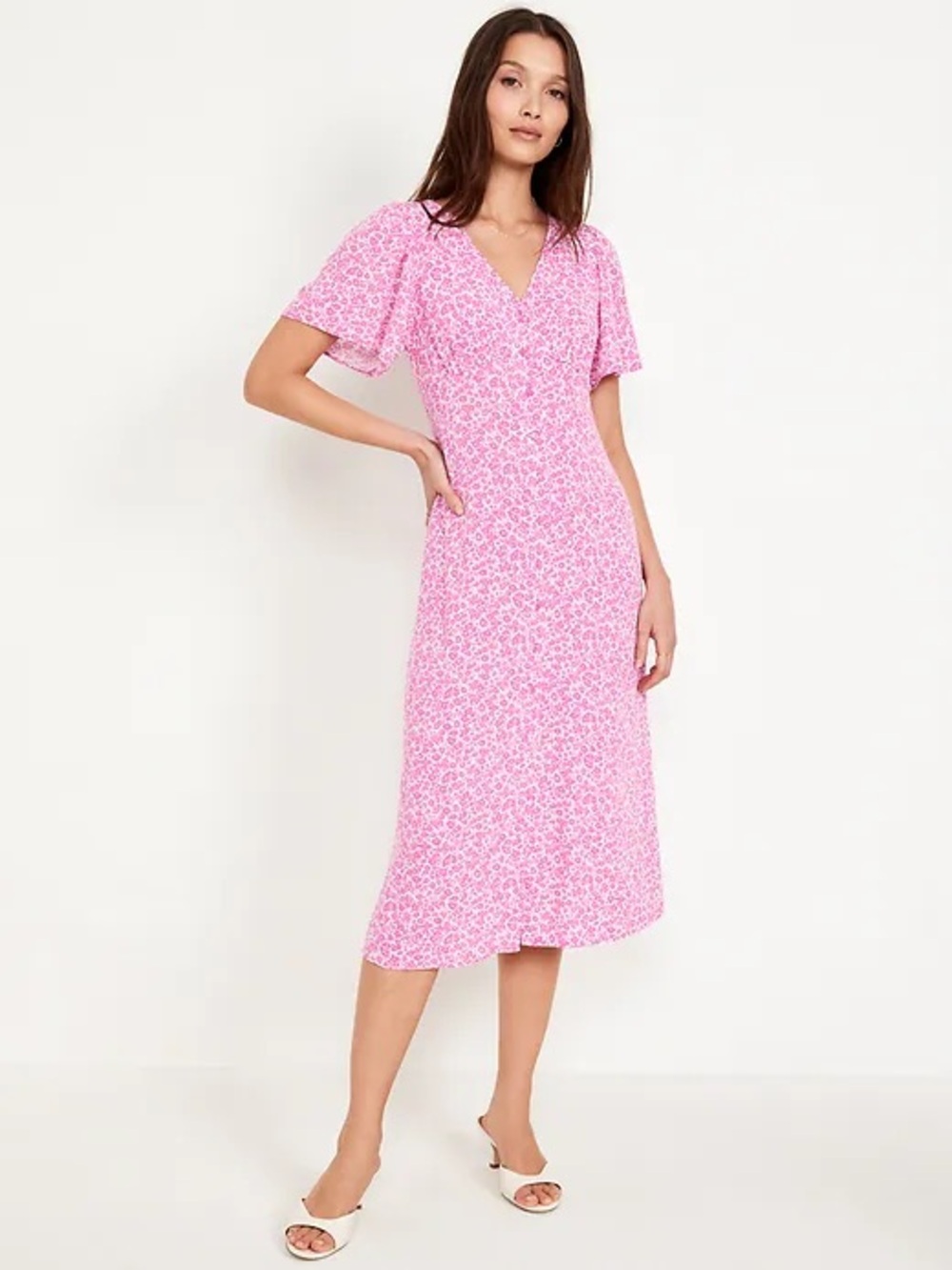 OLD NAVY Pink & White Ditsy Floral Short Flutter Sleeve Button Front Midi Dress